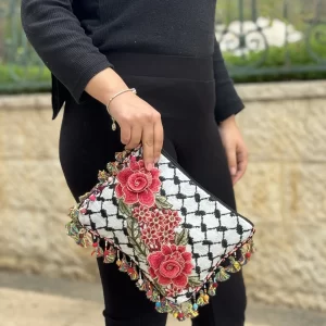 Pink Floral Kuffiyeh Clutch with Hand-beaded Fringe