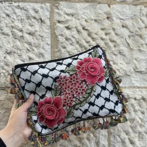 Pink Floral Kuffiyeh Clutch with Hand-beaded Fringe