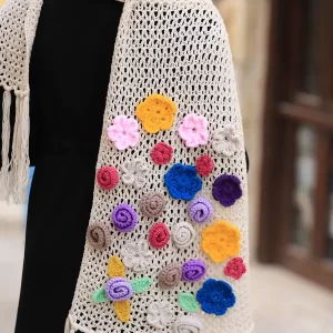 Juthoor Hand Crocheted Scarf - White with Assorted Flowers