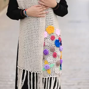 Juthoor Hand Crocheted Scarf - White with Assorted Flowers