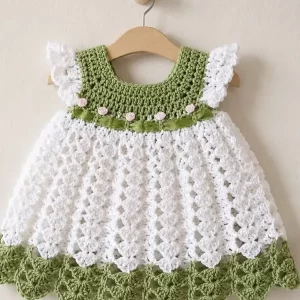 Children's White & Olive Green Crocheted Dress